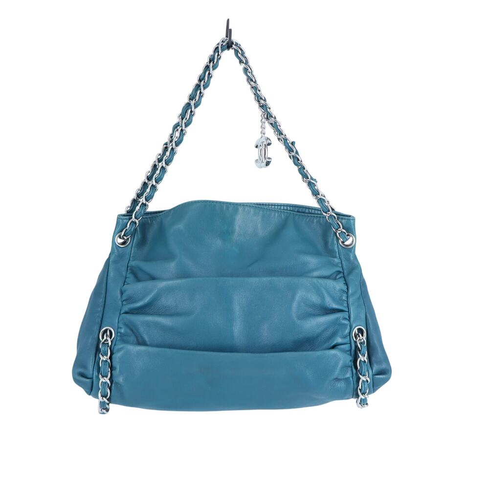 Chanel Sharpei Teal Lambskin Leather Medium Tote Bag Interweave Chain